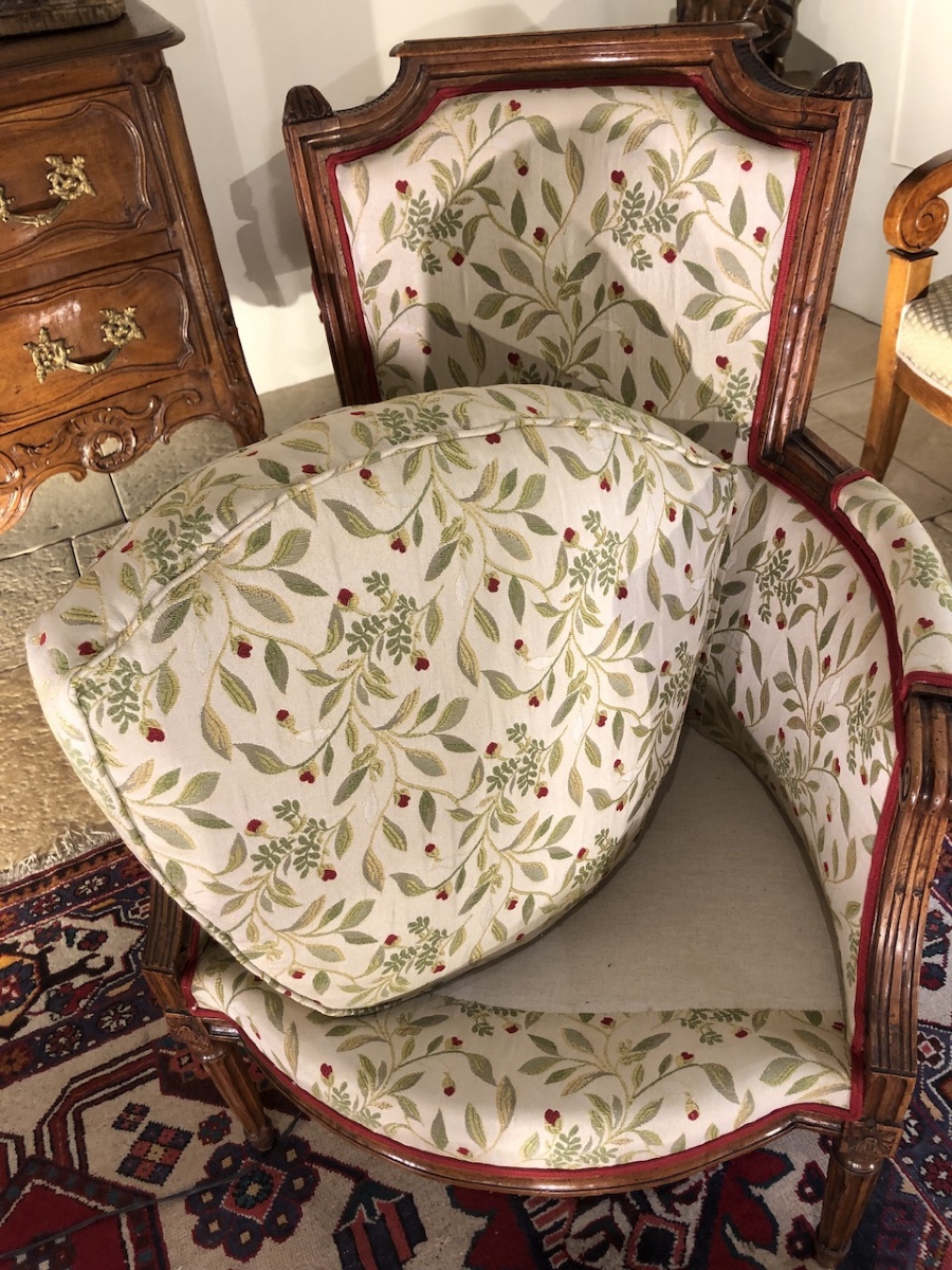 Pair Of Bergère Armchairs - Gendarme's Hat Style Backrest - Walnut - Louis XVI Period -photo-2