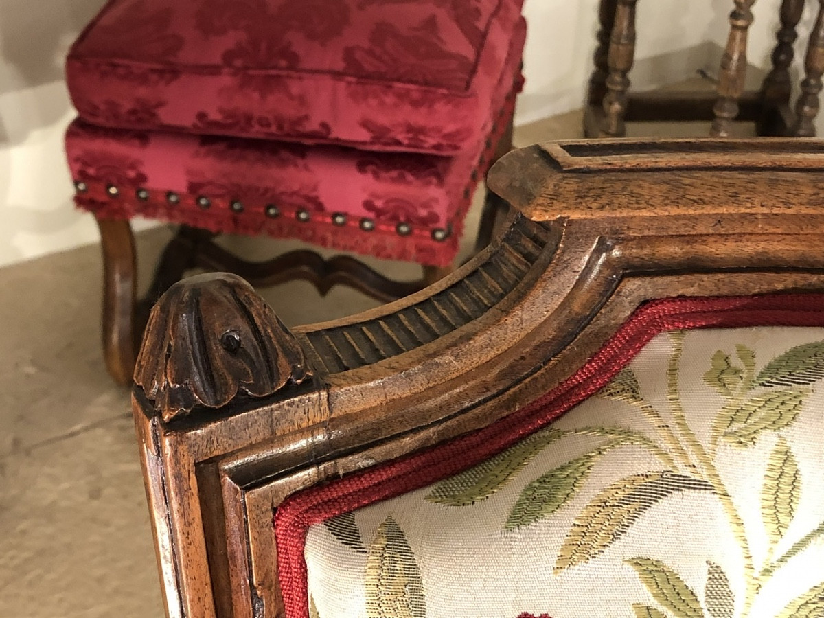Pair Of Bergère Armchairs - Gendarme's Hat Style Backrest - Walnut - Louis XVI Period -photo-4