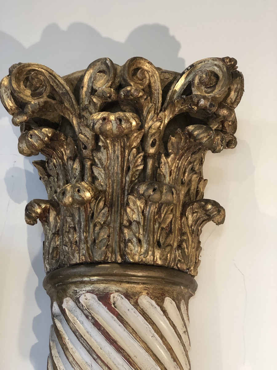 Paire de 1/2 colonnes ornementales en bois sculpté , peint et doré XIX eme voire début XX éme -photo-6