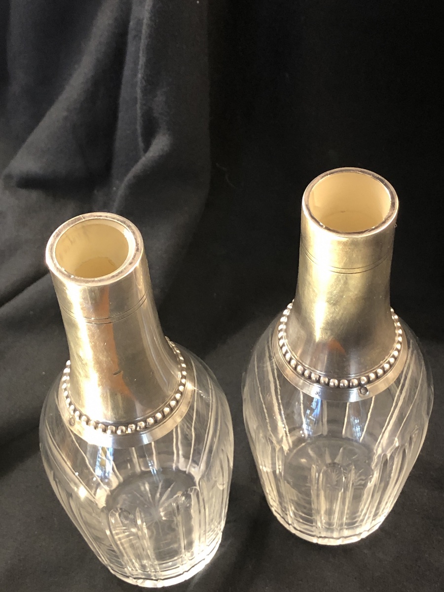 Pair Of Small Crystal And Solid Silver Vials, 19th Century-photo-1