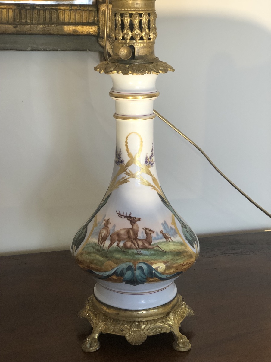 Paire de lampes à huile -  Porcelaine - Décor sur la Chasse - XIX éme siècle -photo-3