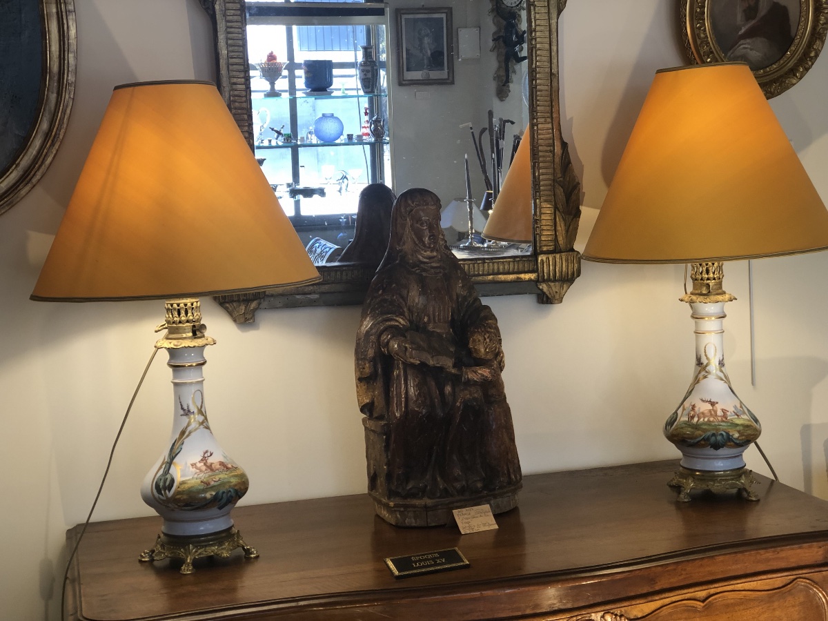Paire de lampes à huile -  Porcelaine - Décor sur la Chasse - XIX éme siècle -photo-4