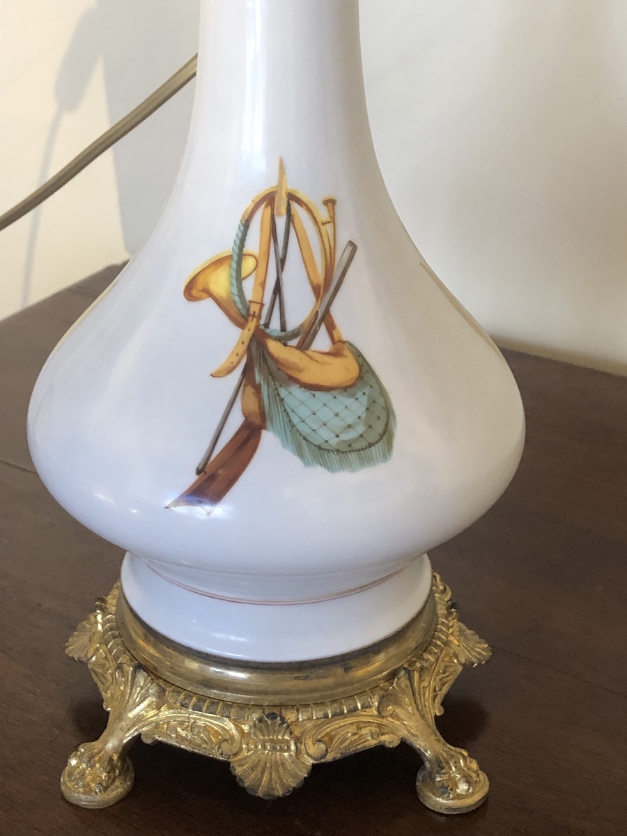 Paire de lampes à huile -  Porcelaine - Décor sur la Chasse - XIX éme siècle -photo-6