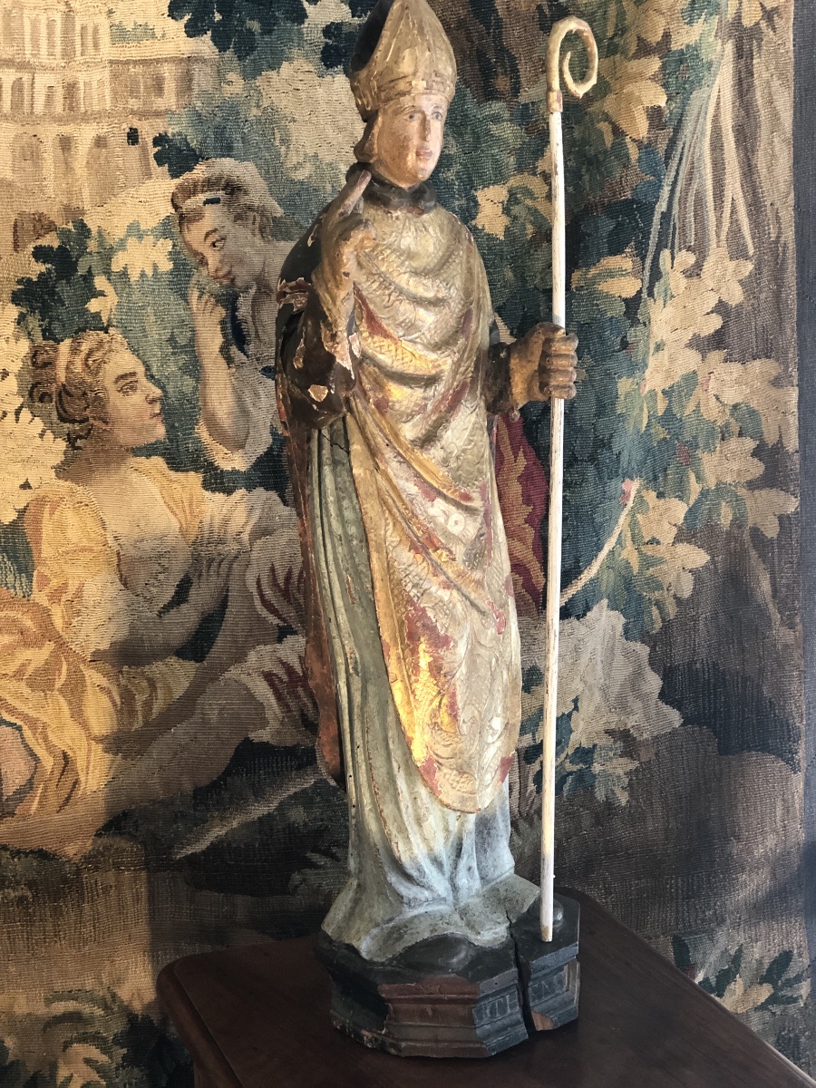 Statue de St Nicolas en bois de chêne sculpté, doré et polychrome  - XVIII éme siècle -photo-2