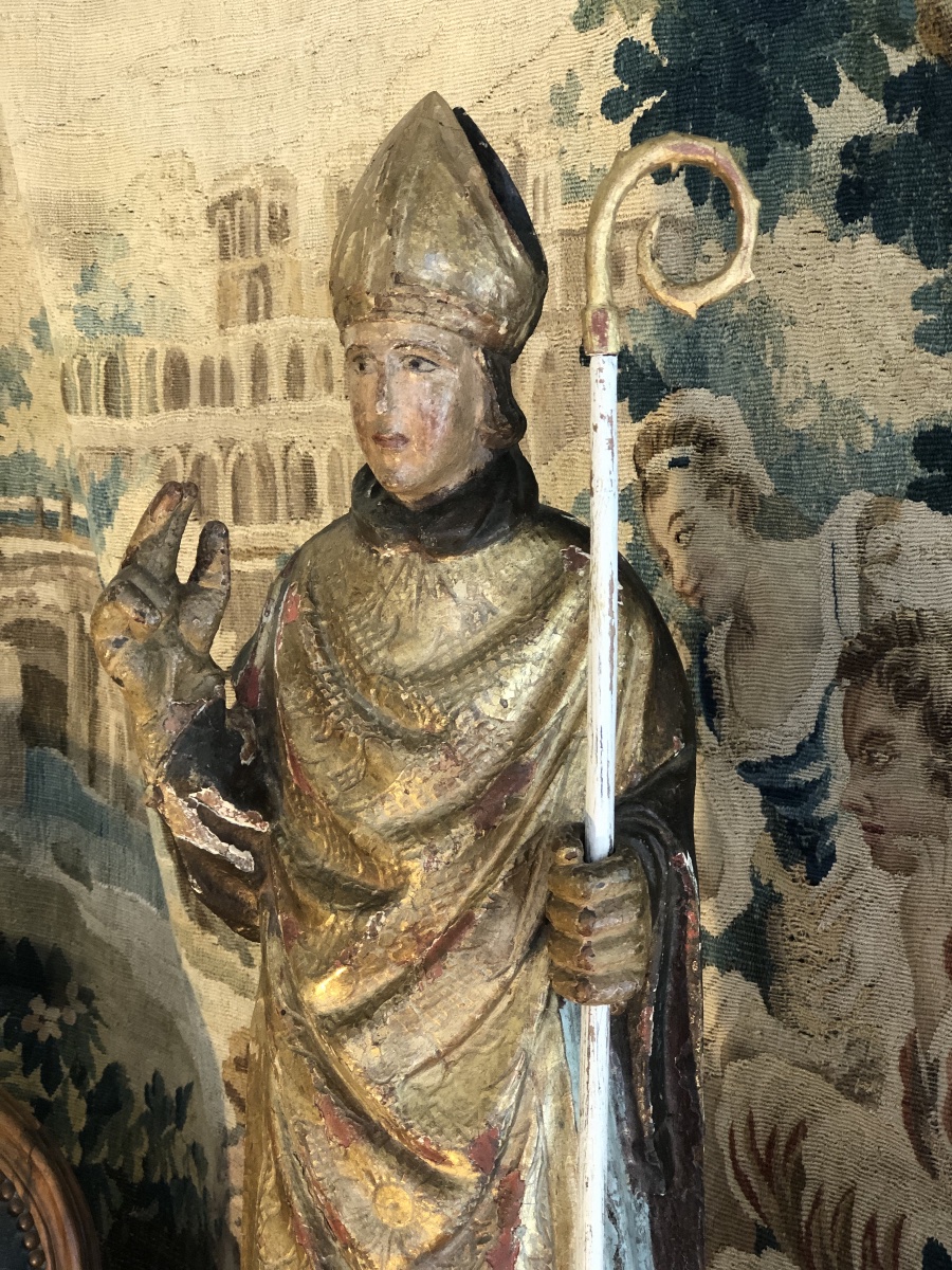 Statue de St Nicolas en bois de chêne sculpté, doré et polychrome  - XVIII éme siècle -photo-3