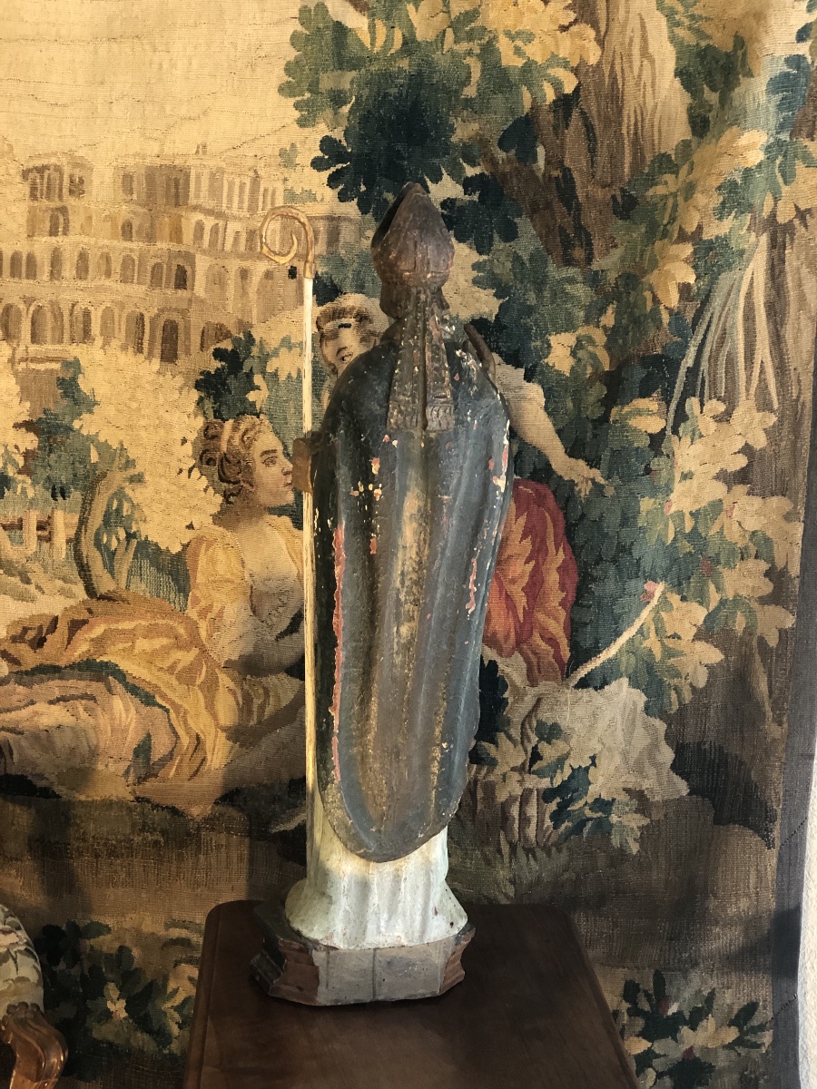 Statue de St Nicolas en bois de chêne sculpté, doré et polychrome  - XVIII éme siècle -photo-4