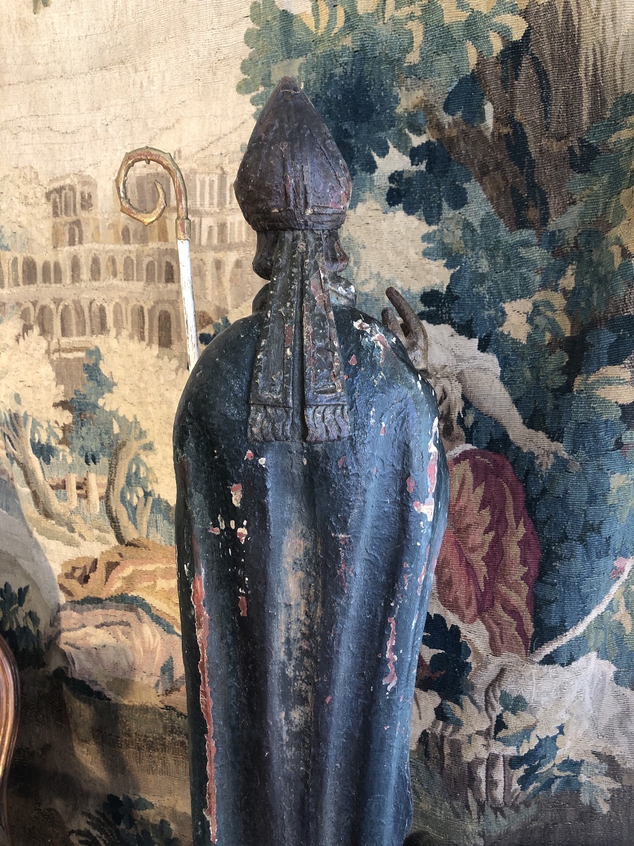 Statue de St Nicolas en bois de chêne sculpté, doré et polychrome  - XVIII éme siècle -photo-5