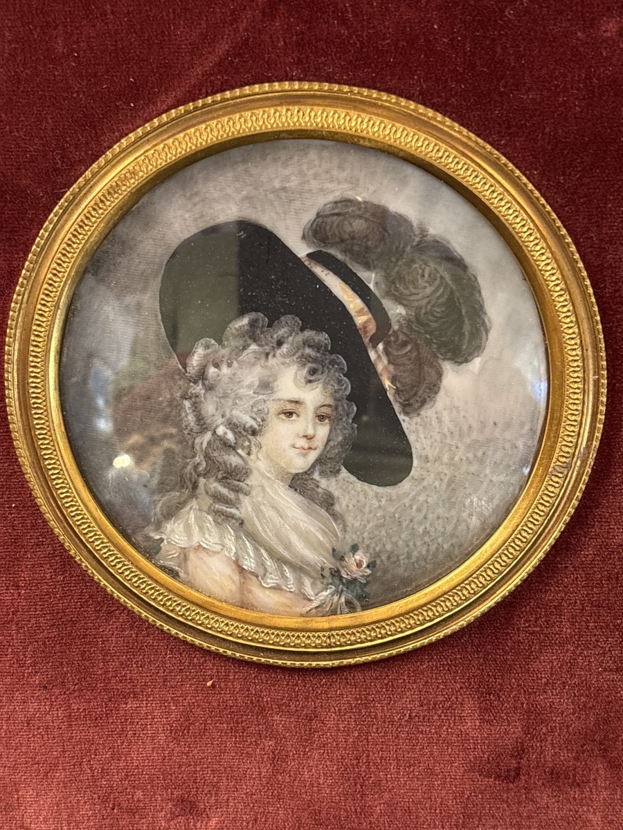 Miniature Portrait Of An Elegant Woman Wearing A Large 19th-century Hat-photo-2