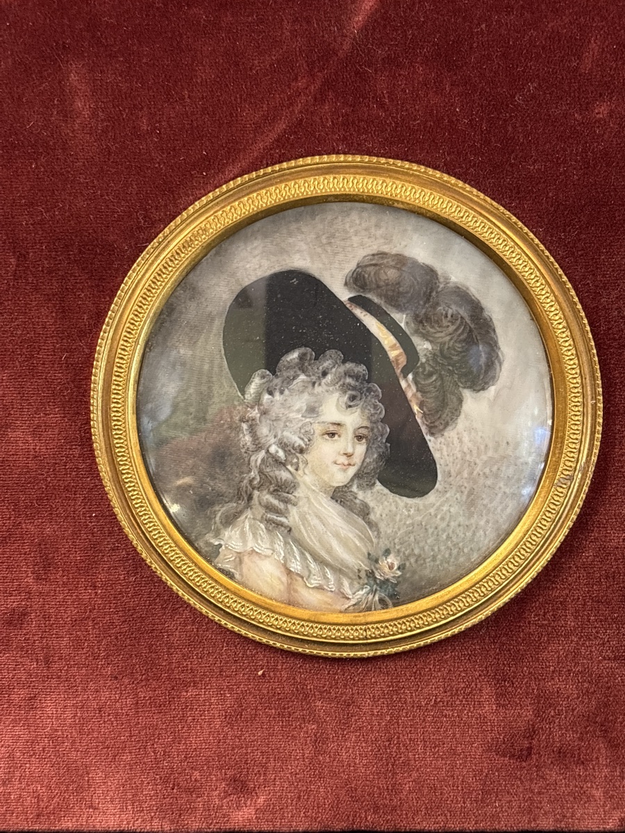 Miniature Portrait Of An Elegant Woman Wearing A Large 19th-century Hat