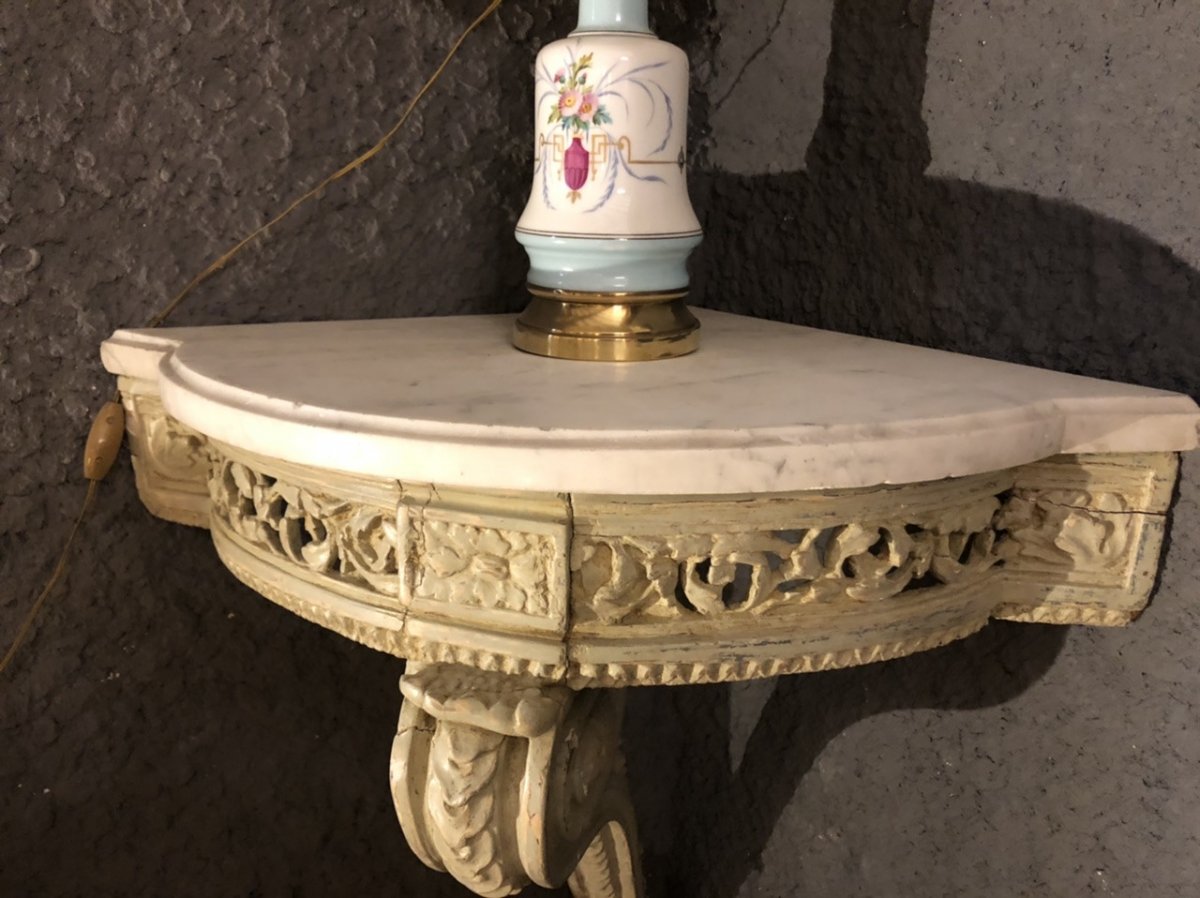 Small Curved Corner Console In Carved And Painted Wood Louis XVI Period-photo-2