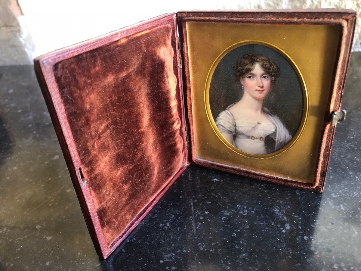 Portrait Of An Elegant Young Woman: Miniature On Ivory Empire Period-photo-3