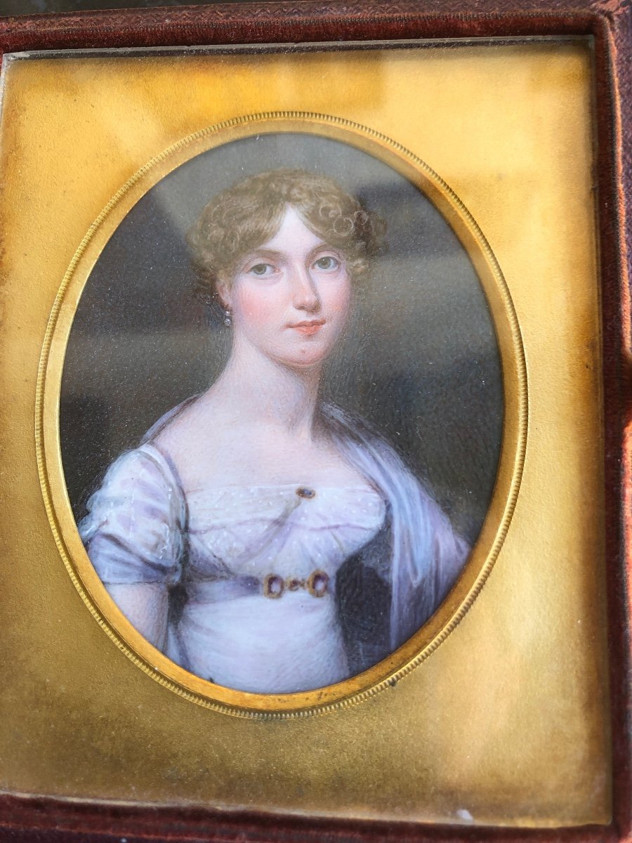 Portrait Of An Elegant Young Woman: Miniature On Ivory Empire Period-photo-1