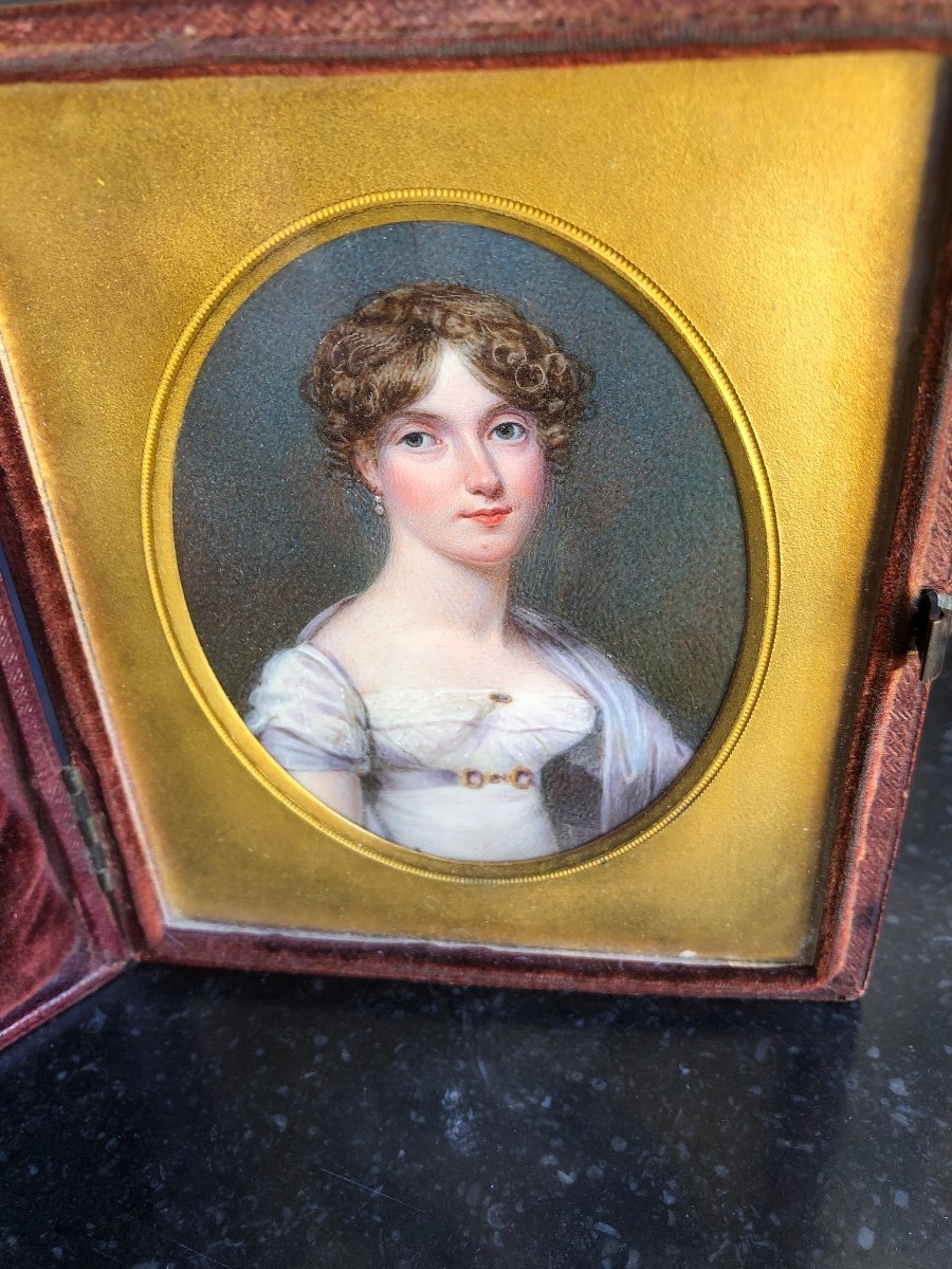 Portrait Of An Elegant Young Woman: Miniature On Ivory Empire Period