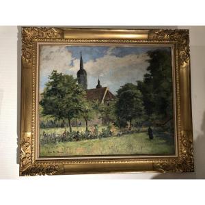 Jules René Hervé ( 1887-1981) huile/toile « Le jardin fleuri et l’église »