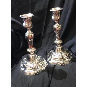 Pair Of Louis XV Rocaille Candlesticks In Silvered Bronze XIX Eme
