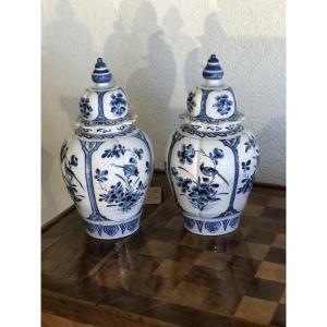 Pair Of Covered Delft Earthenware Vases, Late 18th Century 