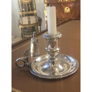 Hand Candlestick And Snuffer In Solid Silver, 19th Century 