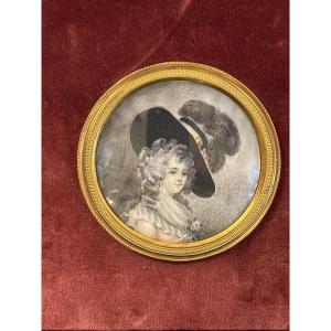 Miniature Portrait Of An Elegant Woman Wearing A Large 19th-century Hat