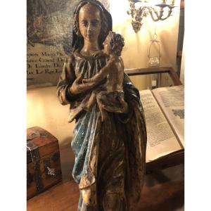 Vierge à L’enfant En Bois Sculpté époque XVII éme Siècle 