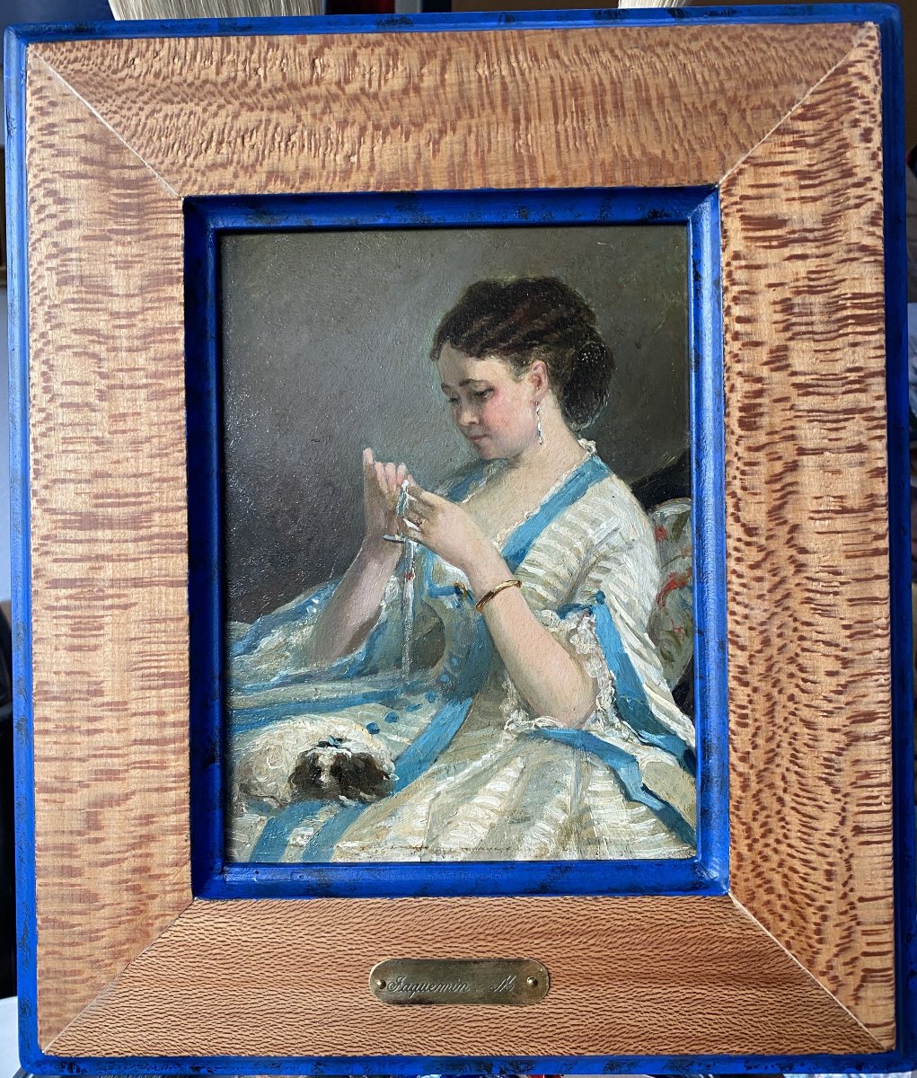 Knitting Girl And Her Dog