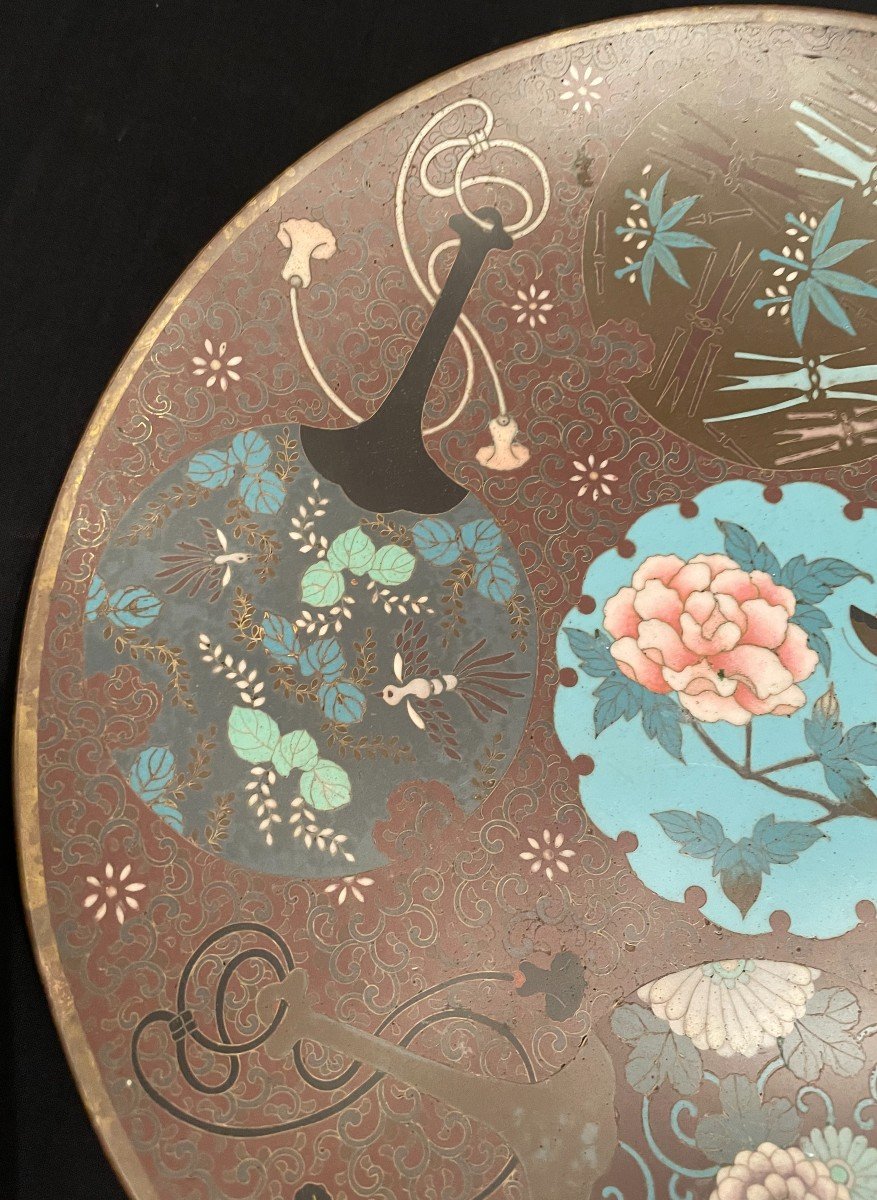 Japon Plat Émail Cloisonné Décor Éventails Fleurs et Papillon Époque Meiji Fin XIXème-photo-3