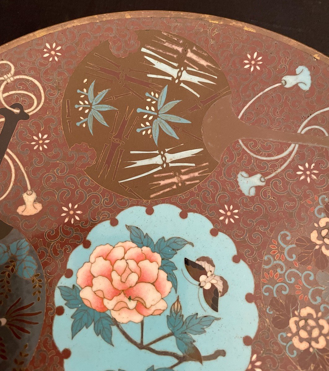 Japon Plat Émail Cloisonné Décor Éventails Fleurs et Papillon Époque Meiji Fin XIXème-photo-4