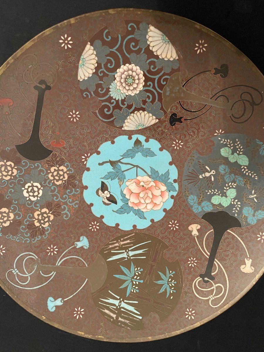 Japon Plat Émail Cloisonné Décor Éventails Fleurs et Papillon Époque Meiji Fin XIXème-photo-4