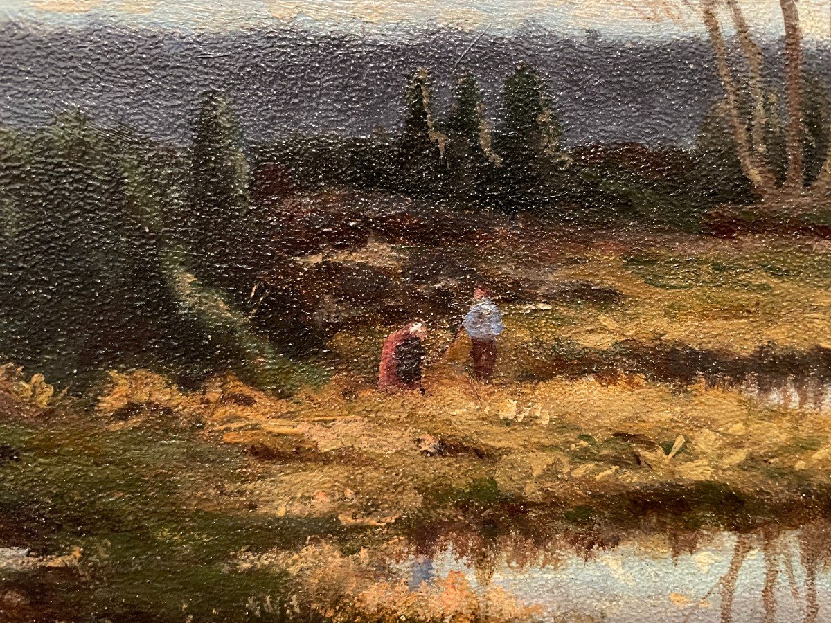 Tableau Personnages Au Bord d'Un Étang époque XIXème-photo-2