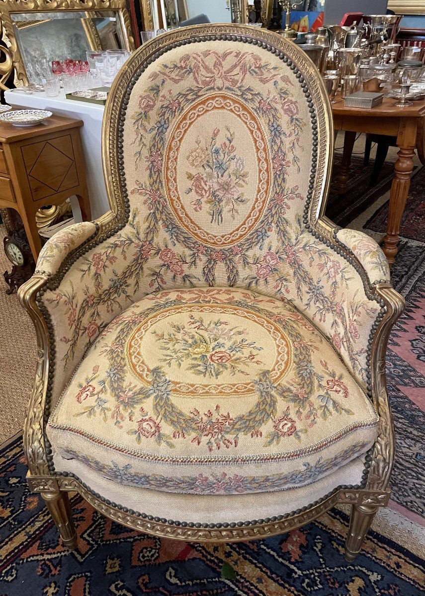 Paire De Bergères Louis XVI Bois Doré Tapisseries Au Point Milieu XIXème-photo-3