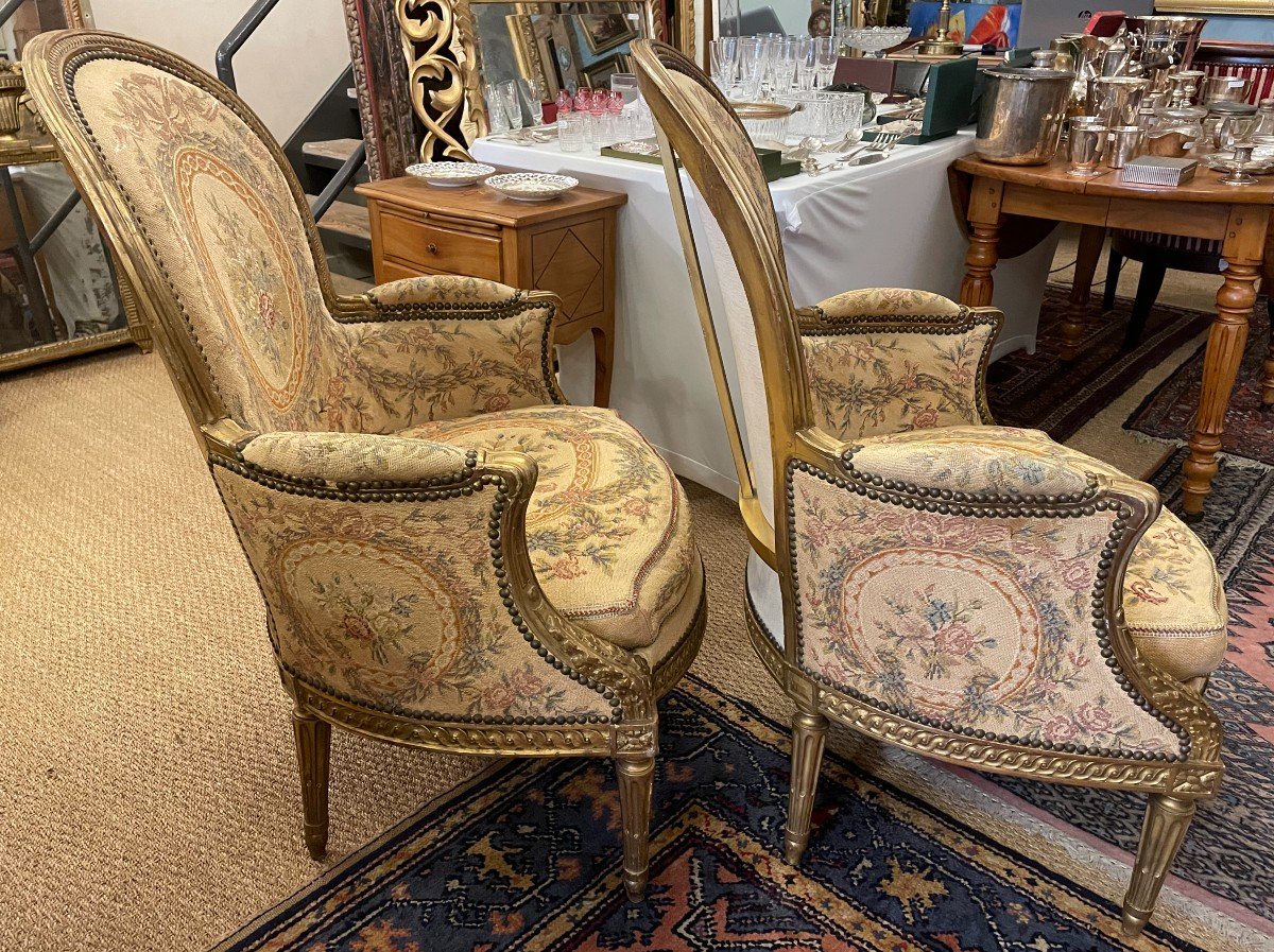 Paire De Bergères Louis XVI Bois Doré Tapisseries Au Point Milieu XIXème-photo-6
