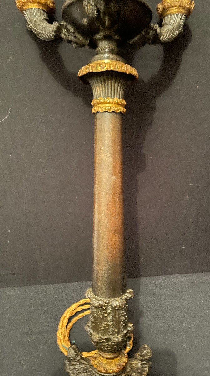 Large Candelabra Lamp Restoration Period Chiseled Bronze With Two Patinas XIXth Century-photo-1