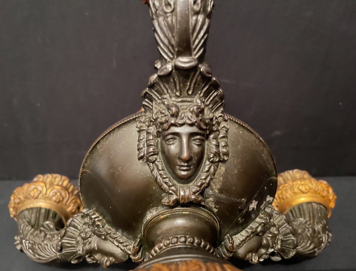 Large Candelabra Lamp Restoration Period Chiseled Bronze With Two Patinas XIXth Century-photo-3