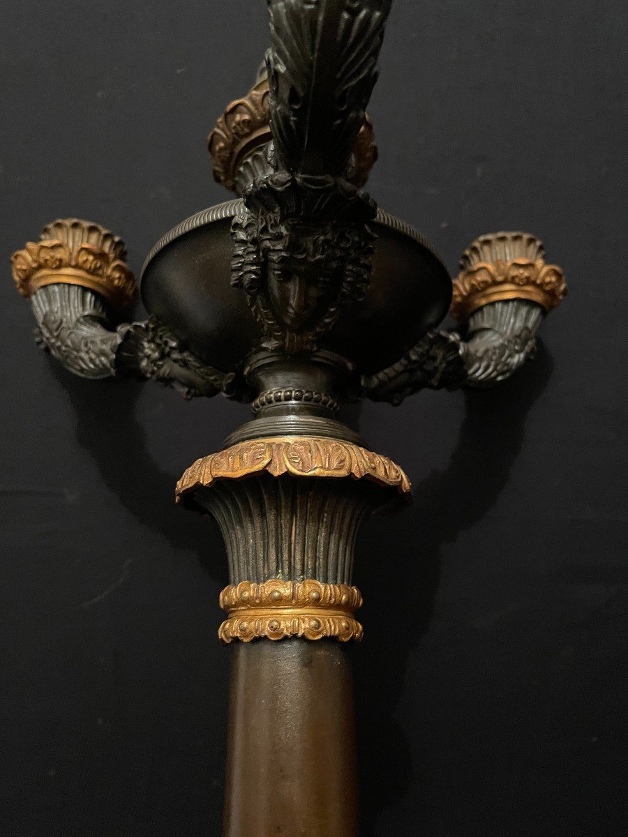 Grande Lampe Candélabre Époque Restauration Bronze Ciselé à Deux Patines XIXème-photo-4