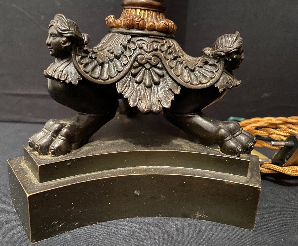 Large Candelabra Lamp Restoration Period Chiseled Bronze With Two Patinas XIXth Century-photo-5