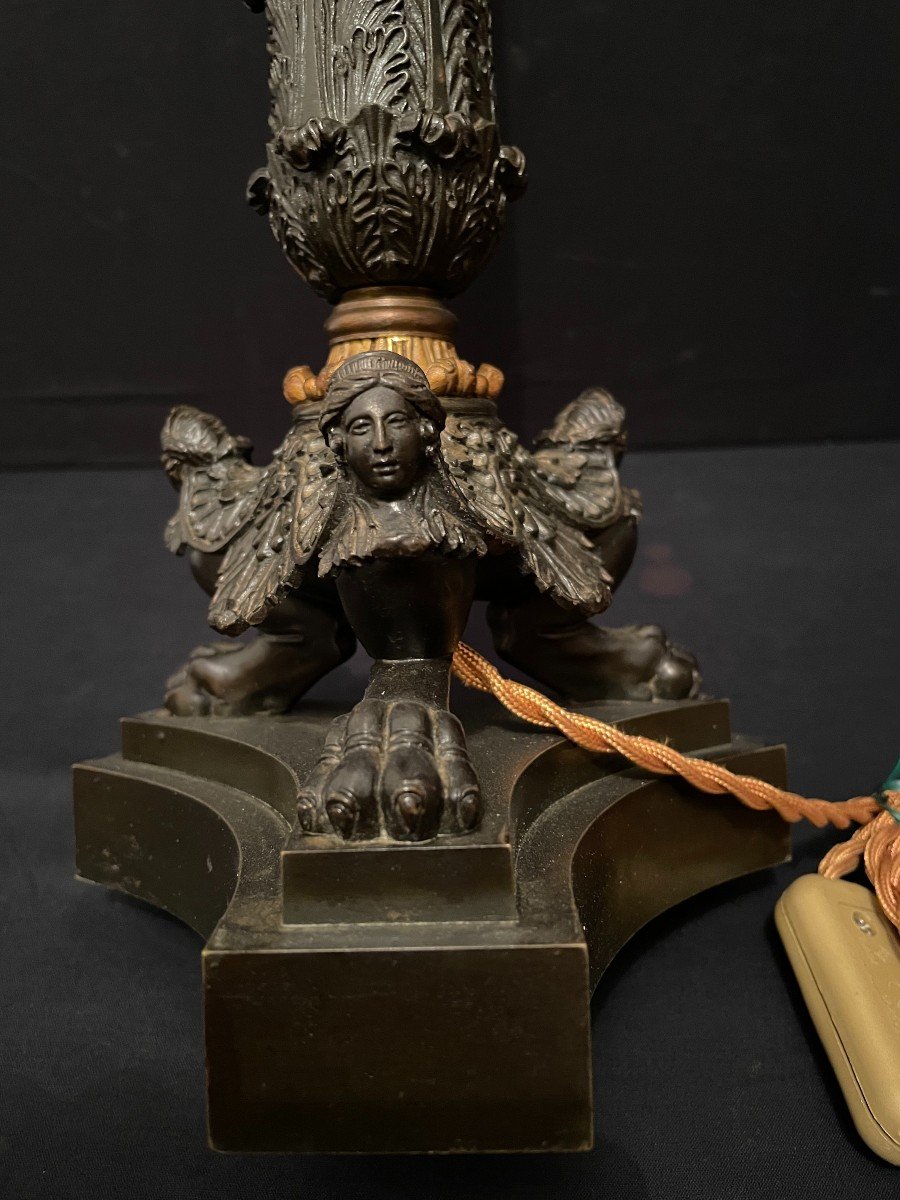 Large Candelabra Lamp Restoration Period Chiseled Bronze With Two Patinas XIXth Century-photo-7
