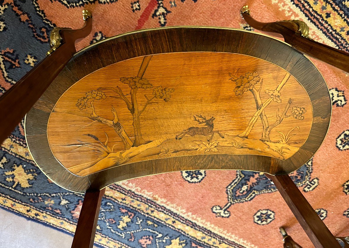 Salon Table Kidney Marquetry Deer Hunting Napoleon III Period Nineteenth Entury-photo-4