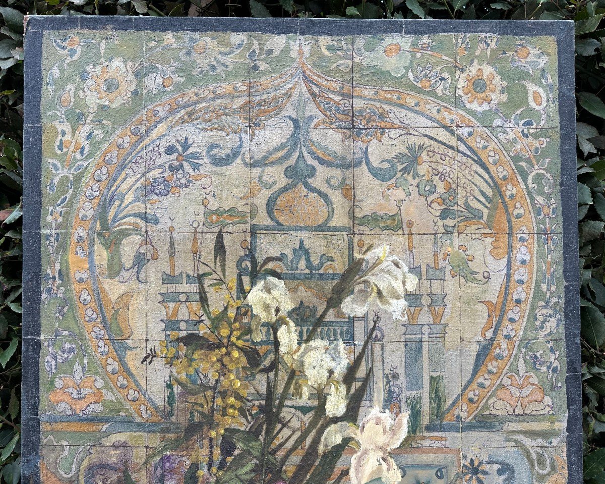 Very Large Orientalist Painting Bouquet Of Flowers By C Boucher Tunis 1897 190 X 80 Cm-photo-2