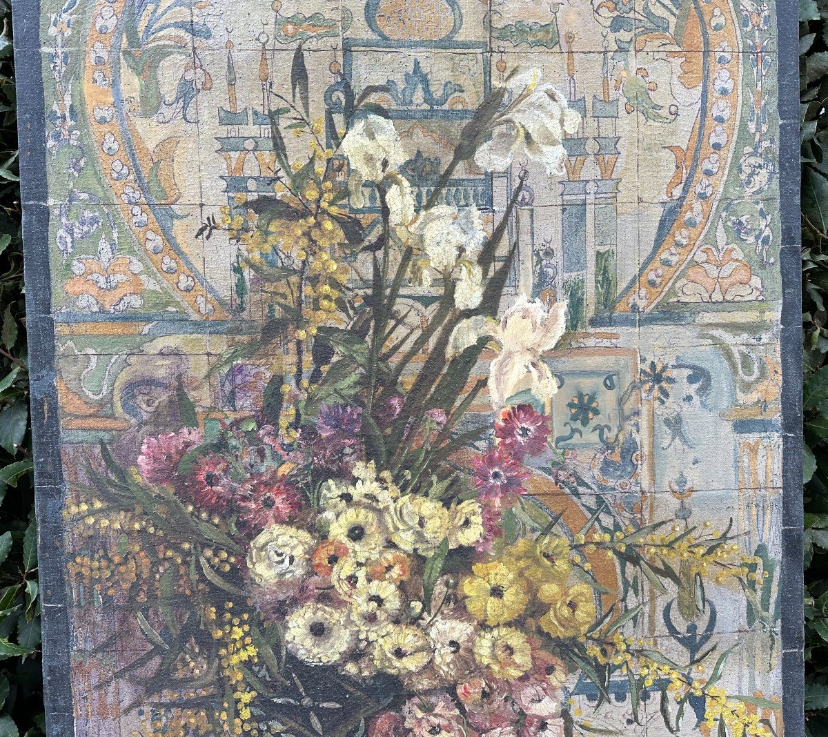 Very Large Orientalist Painting Bouquet Of Flowers By C Boucher Tunis 1897 190 X 80 Cm-photo-3