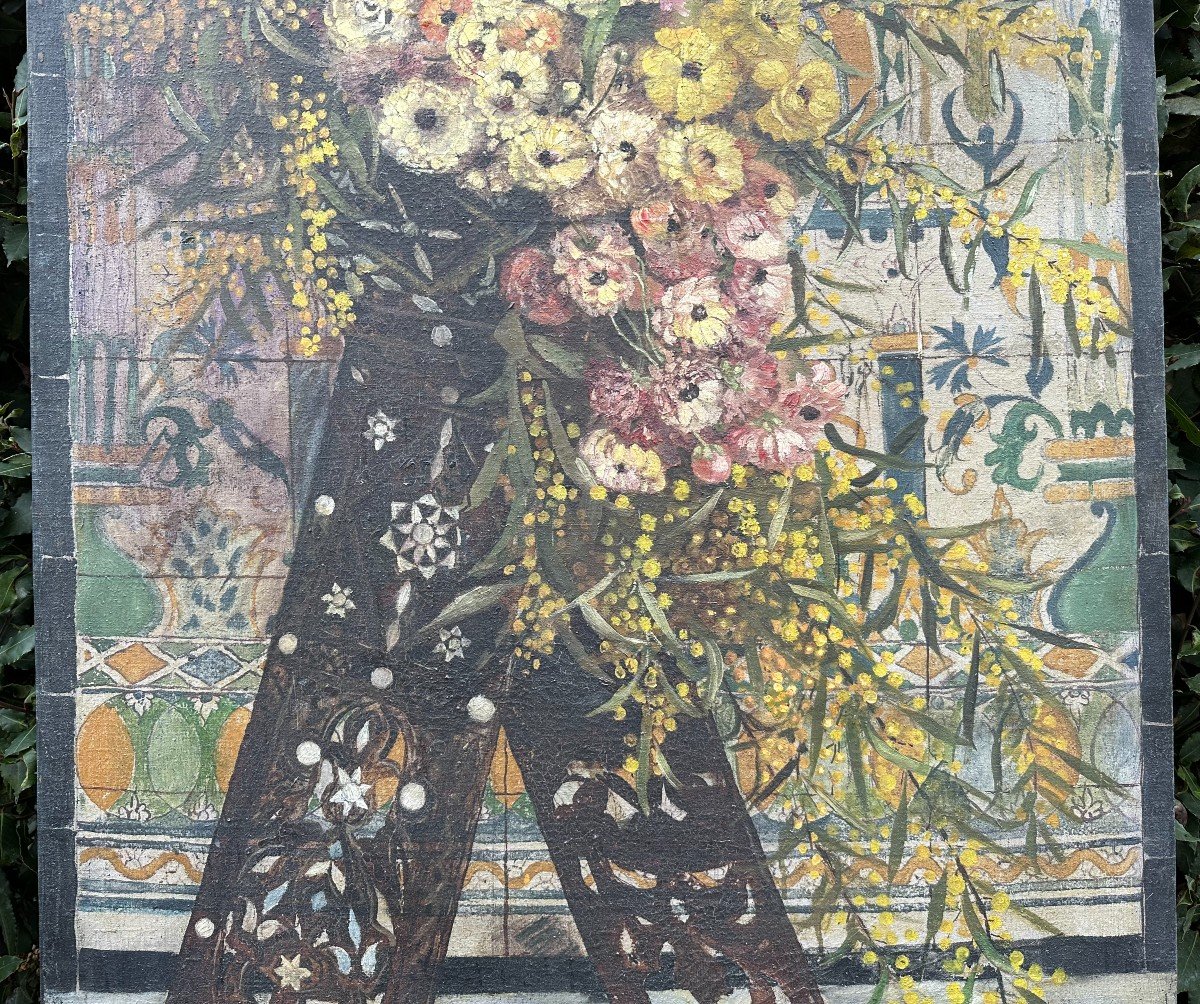 Very Large Orientalist Painting Bouquet Of Flowers By C Boucher Tunis 1897 190 X 80 Cm-photo-4