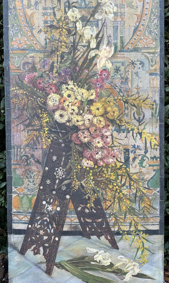 Very Large Orientalist Painting Bouquet Of Flowers By C Boucher Tunis 1897 190 X 80 Cm-photo-3