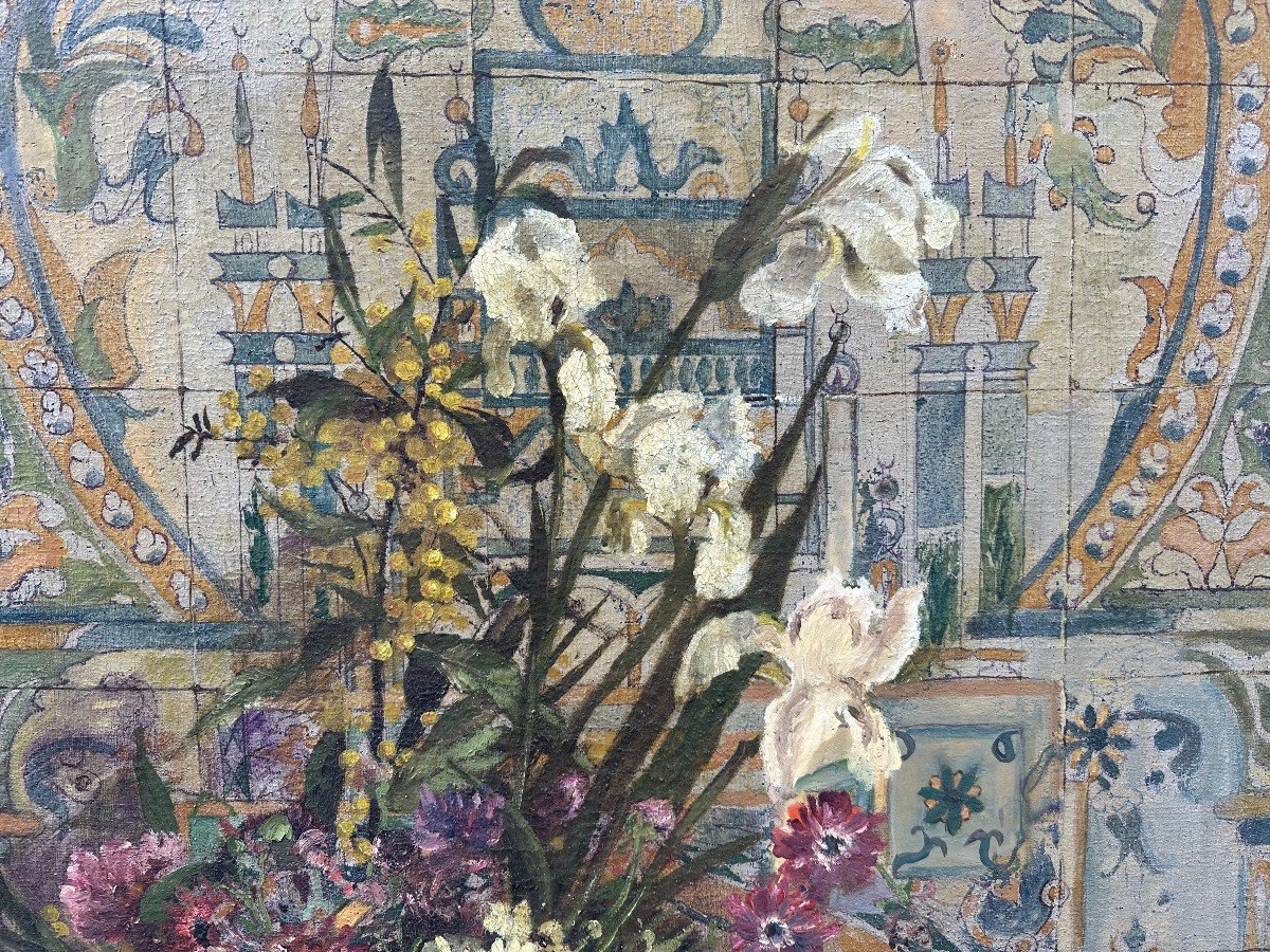 Very Large Orientalist Painting Bouquet Of Flowers By C Boucher Tunis 1897 190 X 80 Cm-photo-4