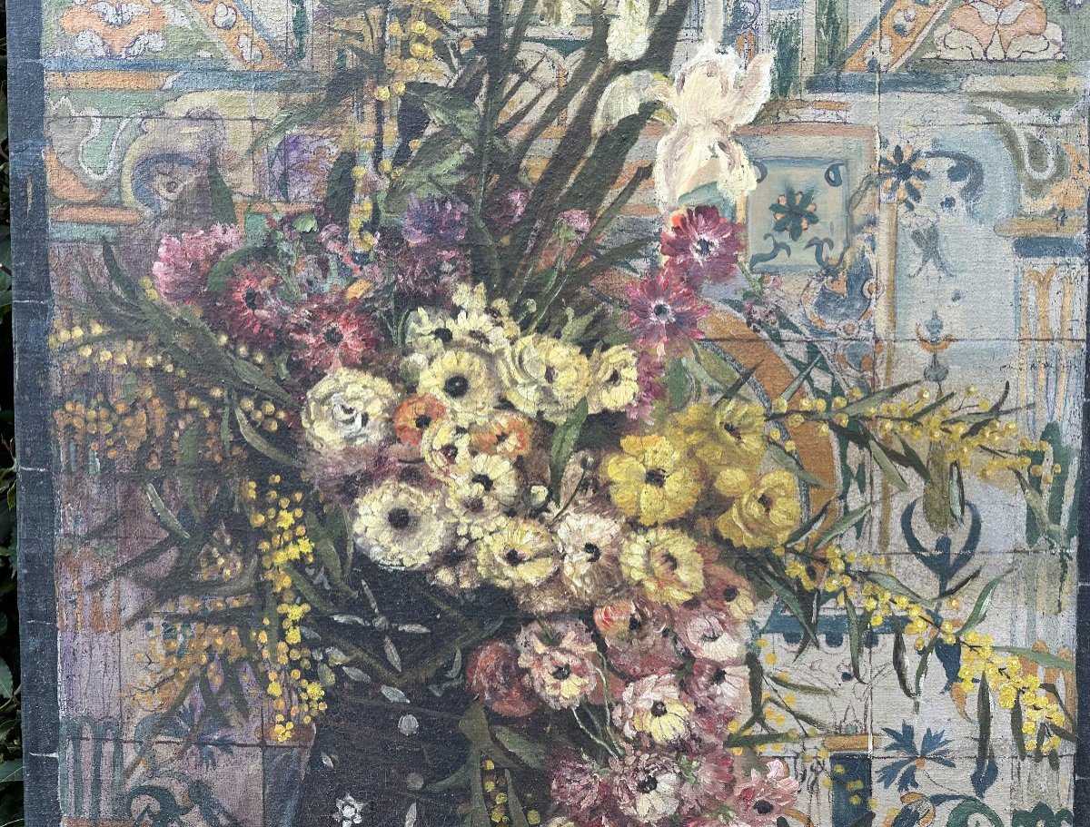 Very Large Orientalist Painting Bouquet Of Flowers By C Boucher Tunis 1897 190 X 80 Cm-photo-5