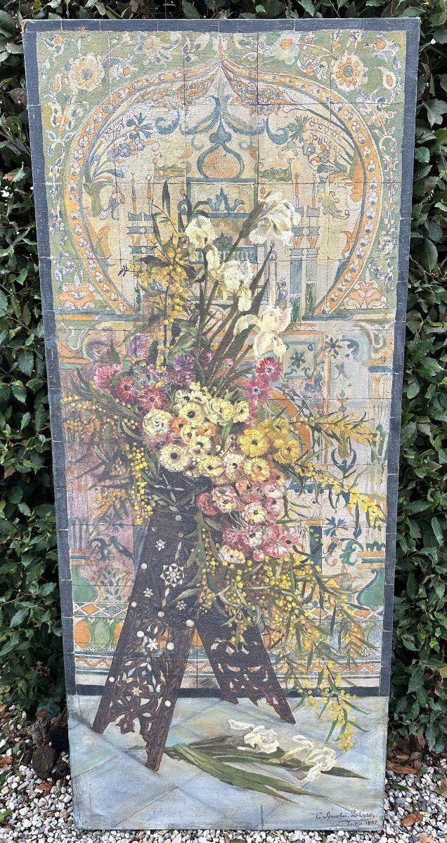 Very Large Orientalist Painting Bouquet Of Flowers By C Boucher Tunis 1897 190 X 80 Cm
