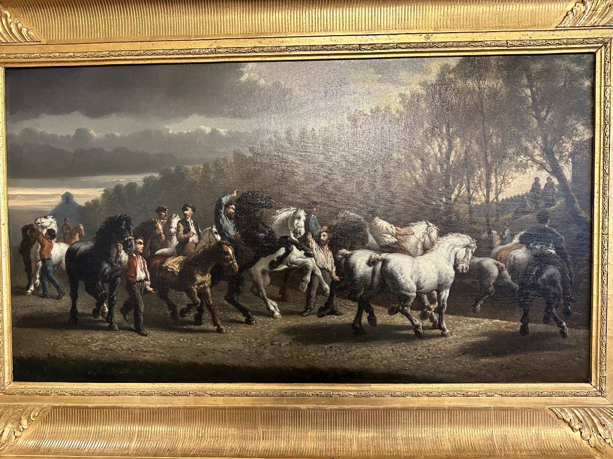 Large Painting The Horse Market After Rosa Bonheur 103x58 Cm Nineteenth Century-photo-2