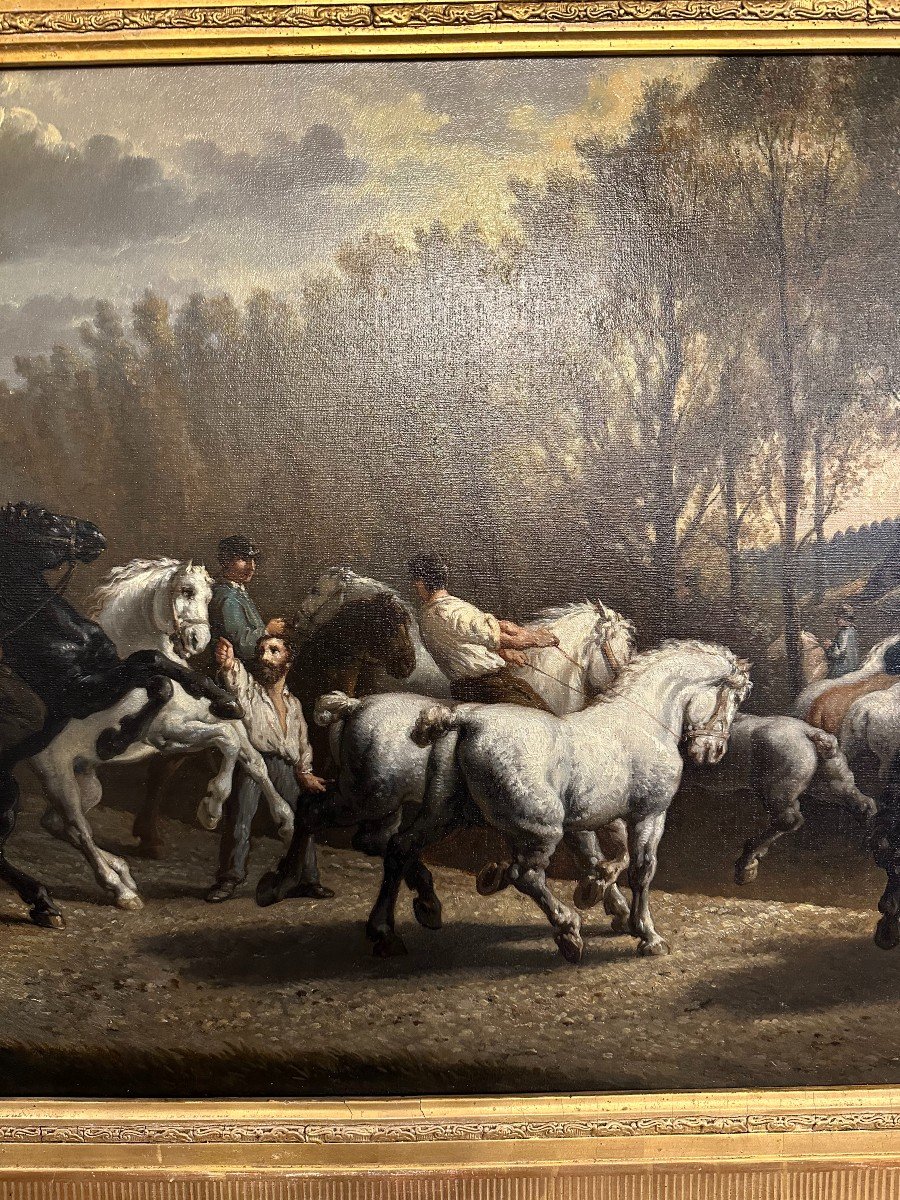 Large Painting The Horse Market After Rosa Bonheur 103x58 Cm Nineteenth Century-photo-1