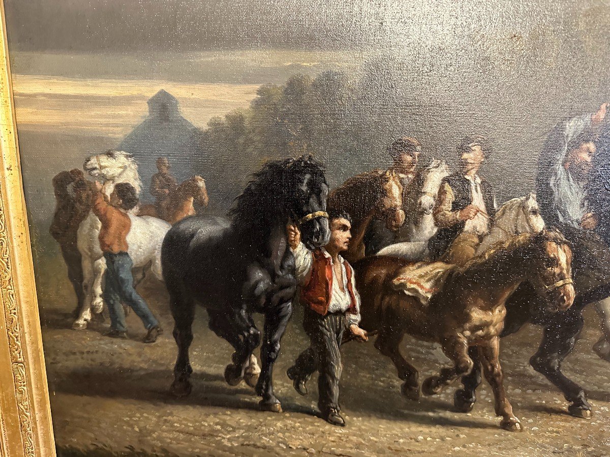 Large Painting The Horse Market After Rosa Bonheur 103x58 Cm Nineteenth Century-photo-3