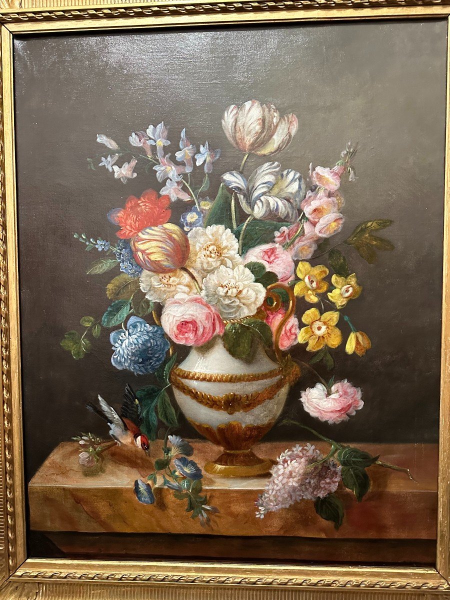 Large Still Life Painting With Flowers And Goldfinches Around 1830.-photo-2