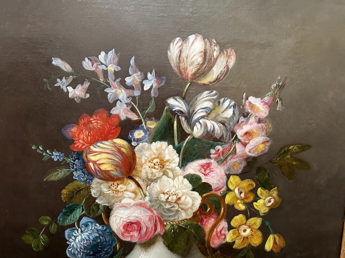 Large Still Life Painting With Flowers And Goldfinches Around 1830.-photo-3
