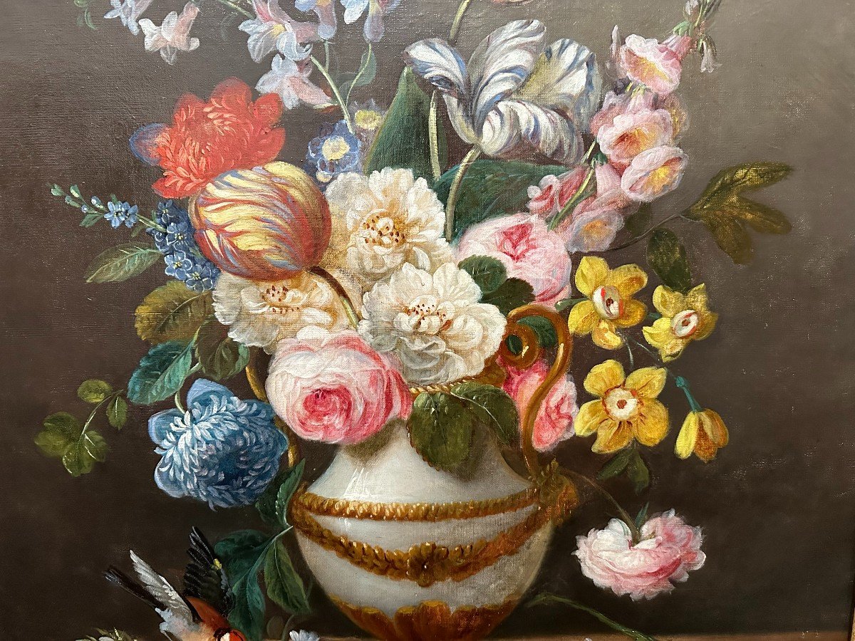 Large Still Life Painting With Flowers And Goldfinches Around 1830.-photo-4