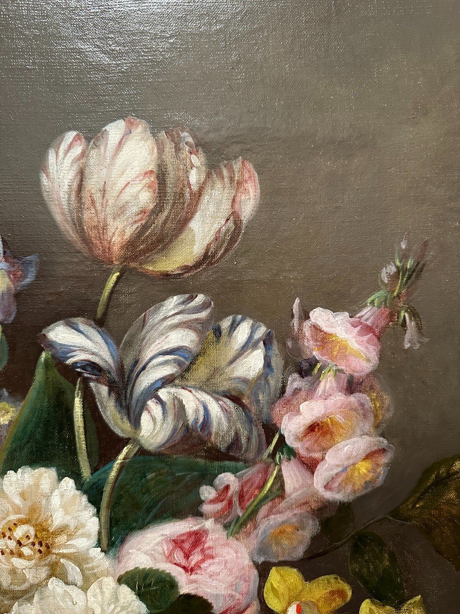 Large Still Life Painting With Flowers And Goldfinches Around 1830.-photo-3